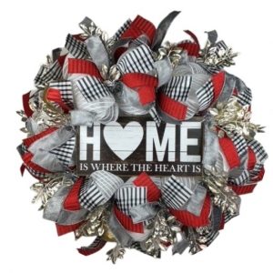 deco mesh wreath with home ids where the heart is sign with red, baack and white and silver ribbons