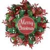 merry christmas wreath with red and green robbons and red ornaments
