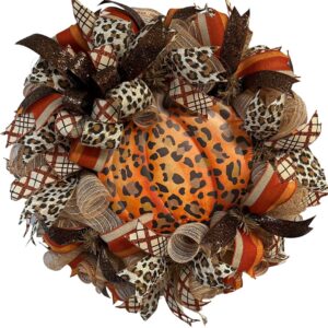 deco mesh fall wreath with pumpkin sign and fall ribbons and bow