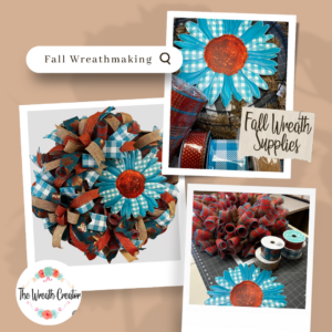 Collage picture of fall deco mesh wreath with brown, aqua and white, and tan ribbons with a big aqua and white sunflower and matching bow