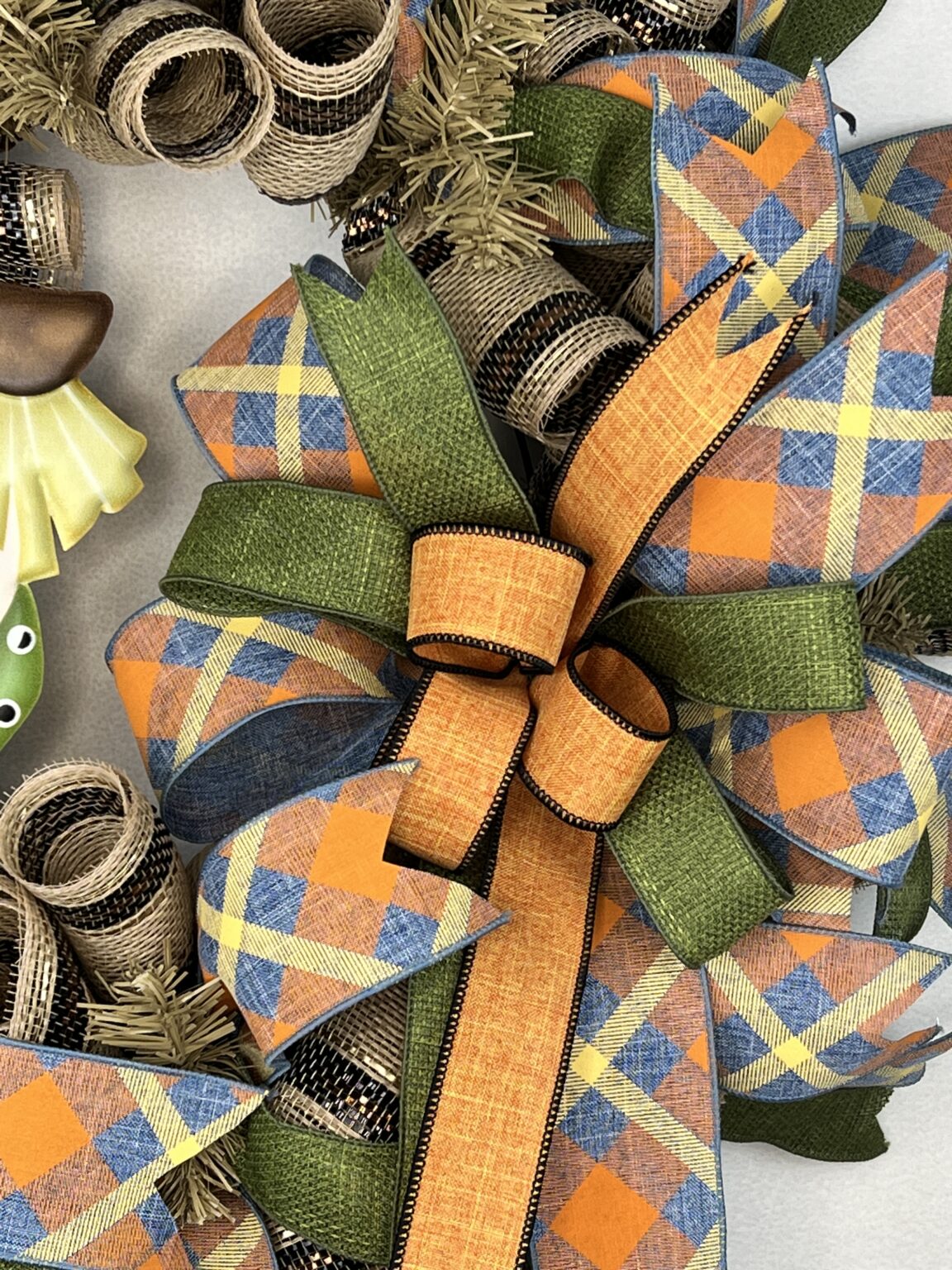 Fall Wreath, Deco Mesh Wreath, Fall Leaves Green Orange Ribbon