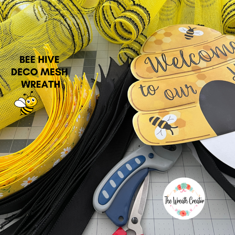 bee hive wreath kit, yellow and black ribbons, welcome to our hive sign, yellow with black border deco mesh