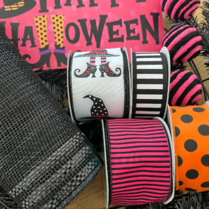 halloween wreath supplies, happy halloween sign, halloween wired ribbons, halloween black seco mesh, back and pink striped chenille ball pick