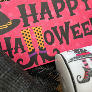 Happy Halloween wreath sign of pink with witches hat and legs