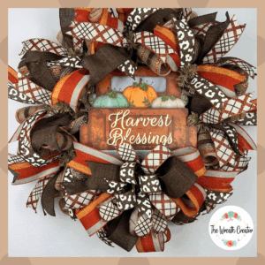 Fall wreath with Harvest blessings truck sign with plai , striped and leopard ribbons and bow