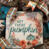 fall wreath with hey there pumpkin sign, pumpkin plaid and teal sprkly ribbons and big beautiful bow