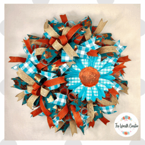 fall wreath with beautiful teal and rust sunflower sign, rustic charm and playful color, giving your front door a fresh twist on traditional fall décor. Ideal for late summer through Thanksgiving, 